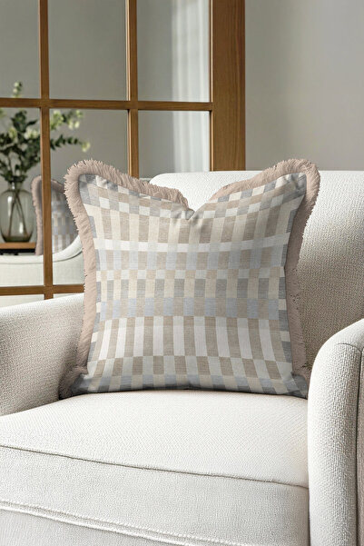 Evimde Bambaşka Husă de pernă cu franjuri de lux în carouri elegante - Textur...