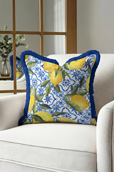 Evimde Bambaşka Mediterranean Lemon Fringed Pillowcase - Vibrant Blue White I...