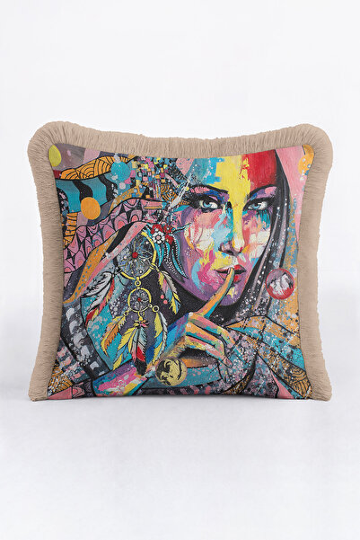 Evimde Bambaşka غطاء وسادة بتصميم فني مزين بالشراشيب - غطاء وسادة مزين بالشراشيب ذو طابع بوهيمي ملون