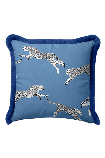 Evimde Bambaşka Husă de pernă cu franjuri cu motiv leopard de lux - Safari Elegance Husă de pernă modernă cu franjuri albastre