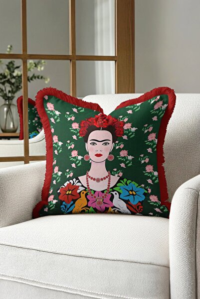 Evimde Bambaşka Husă de pernă cu franjuri cu portret de artă florală - Husă d...