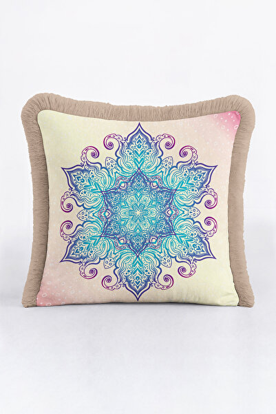 Evimde Bambaşka غطاء وسادة فاخر بتصميم ماندالا - غطاء وسادة بوهيمي بألوان الباستيل الأزرق والبنفسجي مع شراشيب
