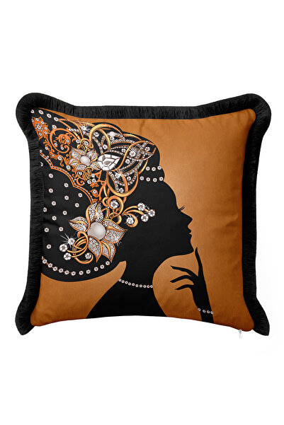 Evimde Bambaşka غطاء وسادة أنيق على شكل صورة ظلية لامرأة مع تاج - غطاء وسادة باروكي فاخر بلون الكراميل الأسود مع شراشيب