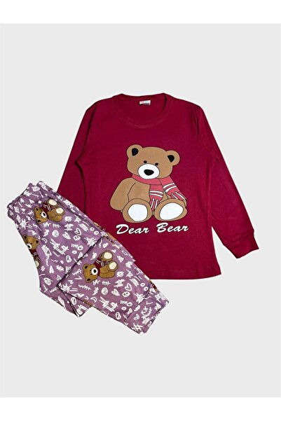 ALİŞ KİDS Girl's Cotton Burgundy Color Teddy Bear Patterned Long Sleeve Pajama Set
