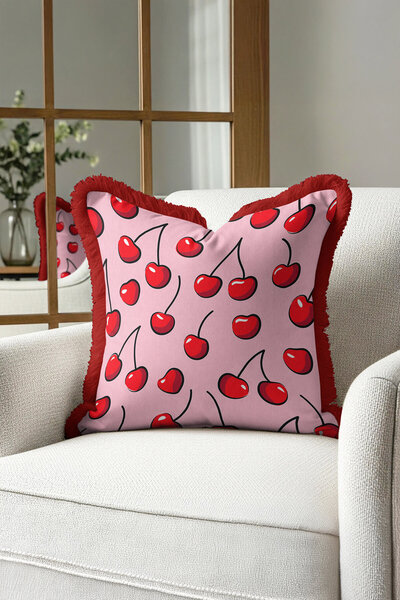 Evimde Bambaşka Husă de pernă Pop Art Cherry Fringed - Husă de pernă energizantă, pastel, boemă, roz, roșu, cu ciucuri