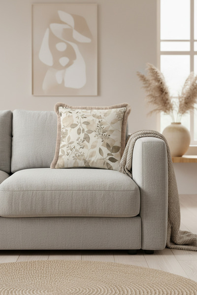 Evimde Bambaşka غطاء وسادة مزين بشراشيب بتصميم أوراق الشجر الطبيعية - غطاء وسادة مزين بشراشيب باللون البيج الريفي والأخضر الهادئ