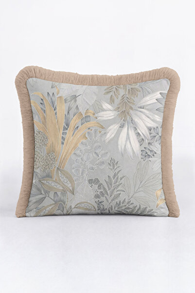 Evimde Bambaşka Lüks Botanik Bahçe Saçaklı Yastık Kılıfı - Doğal Tropikal Mod...
