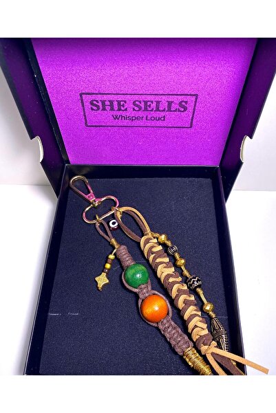 She Sells El Yapımı Ahşap Boncuklu Nazar Boncuklu Süet İpli Çanta Charmı Anahtarlık Aksesuarı