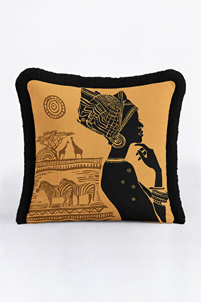 Evimde Bambaşka غطاء وسادة أنيق مستوحى من أفريقيا - غطاء وسادة مزين بشراشيب ب...