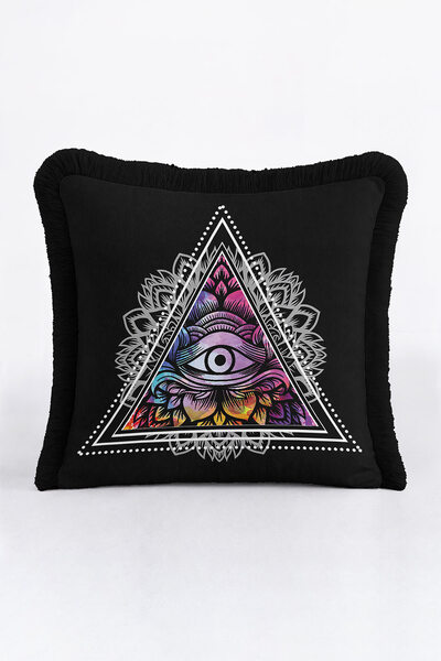 Evimde Bambaşka Husă de pernă cu franjuri Mystic Triangle și Mandala - Husă de pernă cu franjuri de culoare neagră boemă ezoterică