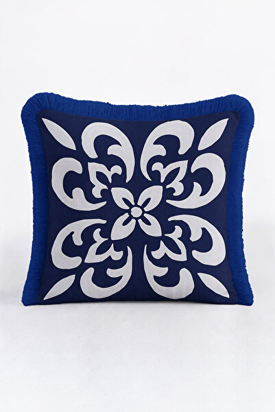 Evimde Bambaşka غطاء وسادة فاخر على الطراز الباروكي - غطاء وسادة كلاسيكي باللون الأزرق والرمادي مع زخارف زهرية وشراشيب بوهيمية