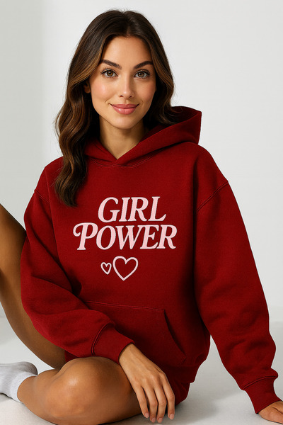 CLASSY.MODA Women's Hooded Kangaroo Pocket Oversize Sweatshirt with Front Girl Power Lettering Casual Daily Style