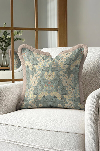 Evimde Bambaşka غطاء وسادة أنيق بتصميم زهور مع شراشيب - غطاء وسادة بوهيمي عتي...