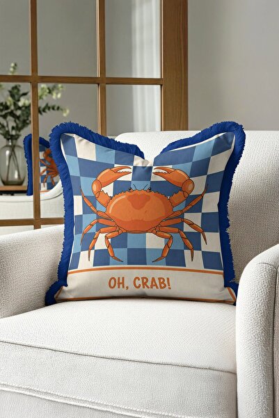 Evimde Bambaşka Marin Temalı Lüx Saçaklı Yastık Kılıfı-Deniz Kabuklu Mavi Turuncu Country Püsküllü Kırlent Kılıfı