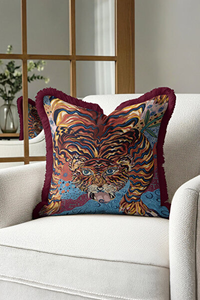 Evimde Bambaşka غطاء وسادة فاخر بتصميم نمر مع شراشيب - غطاء وسادة فني بوهيمي ...