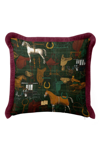 Evimde Bambaşka Retro At Figürlü Saçaklı Yastık Kılıfı-Retro Klasik Yeşil Bor...
