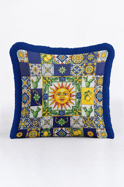 Evimde Bambaşka Akdeniz Motifli Saçaklı Yastık Kılıfı - Renkli Güneş Bohem Sarı Lacivert Püsküllü Kırlent Kılıfı