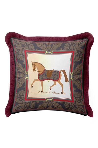 Evimde Bambaşka At Figürlü Lüx Saçaklı Yastık Kılıfı-Klasik Elegan Bordo Kahverengi Country Püsküllü Kırlent Kılıfı