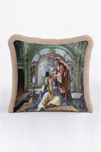 Evimde Bambaşka غطاء وسادة مزين بشراشيب من ساراي إتيشام - غطاء وسادة مزين بشراشيب بلون بيج ذهبي ريفي على الطراز العثماني