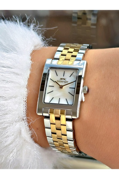 Slazenger Steel Band Square Dial 5 Atm Water Resistant Silver-Gold Color Women Wristwatch 2505
