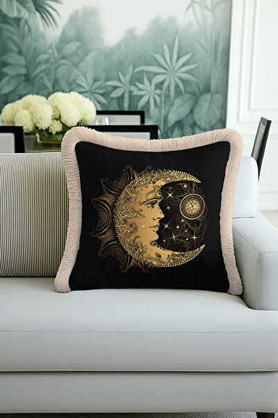 Evimde Bambaşka غطاء وسادة فاخر بتصميم أسترال مون - غطاء وسادة مزين بشراشيب ب...