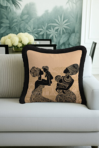 Evimde Bambaşka Husă de pernă cu franjuri, inspirată de arta africană - Husă de pernă cu franjuri de culoare etnică negru-aurie