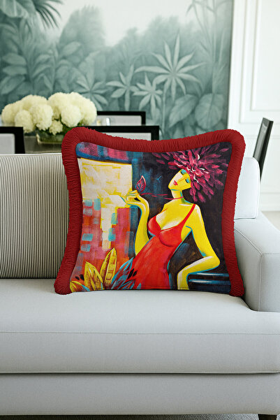 Evimde Bambaşka Husă de pernă cu franjuri cu figură feminină elegantă și arti...