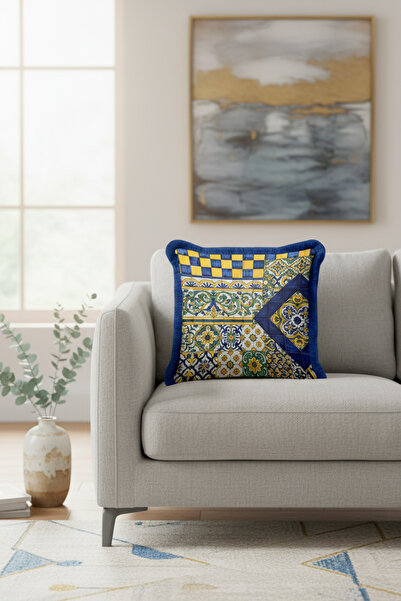 Evimde Bambaşka Mediterranean-Inspired Fringed Pillowcase-Ethnic Blue and Yel...