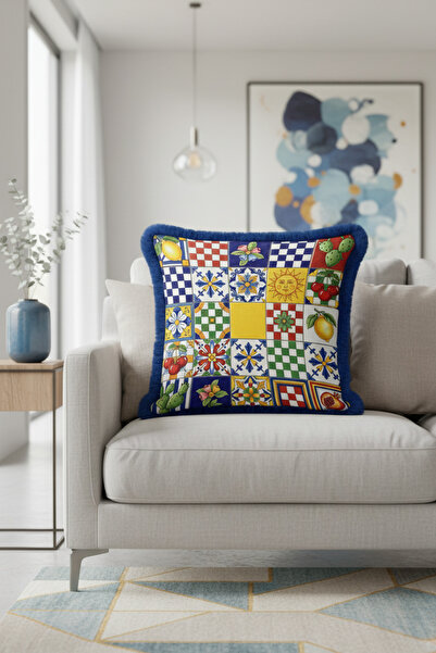 Evimde Bambaşka Akdeniz Çini Patchwork Saçaklı Yastık Kılıfı-Renkli Motifli Country Lacivert Püsküllü Kırlent Kılıfı