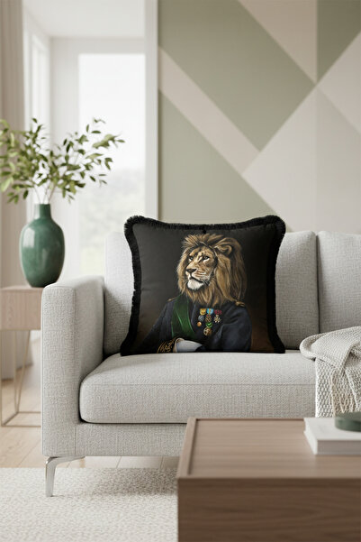 Evimde Bambaşka Husă de pernă de lux cu franjuri cu figură de Regele Leu Nobi...