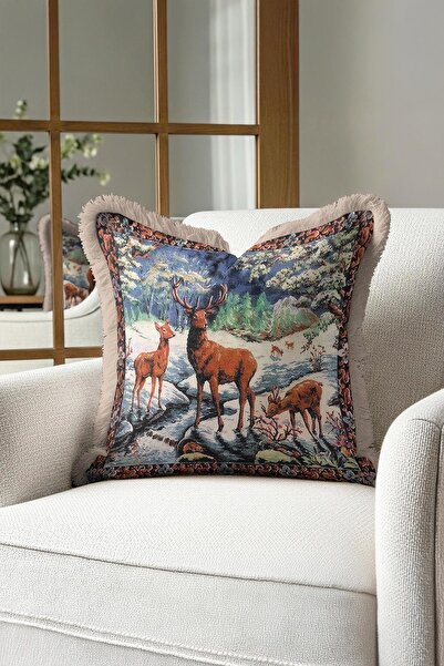 Evimde Bambaşka غطاء وسادة مزخرف بمنظر الغابة العتيق - غطاء وسادة ريفي مزين ب...