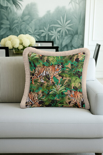 Evimde Bambaşka Exotic Jungle Tiger Fringed Pillowcase - Tropical Bohemian Gr...