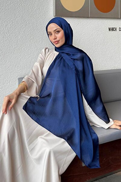 İSTANBULSTYLEMODA Rochie de seară Janjan din satin strălucitor Rochie de seară hijab texturată Albastru de noapte JANJAN Şifon Şal