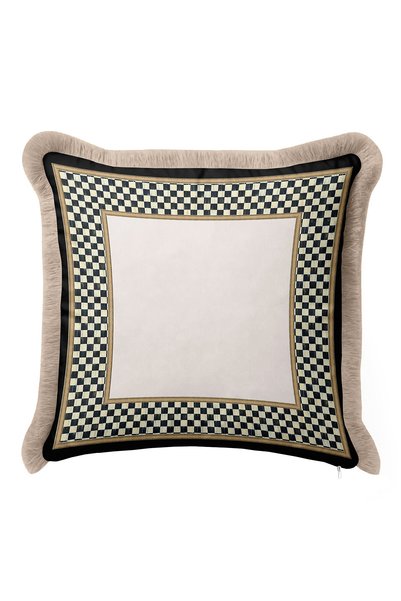 Evimde Bambaşka Luxury Checkered Fringed Pillowcase - Classic Modern Black Cream Gold Color Tassel Throw Pillow Cover