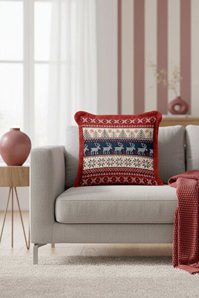 Evimde Bambaşka غطاء وسادة نورديك جييكلي ذو شراشيب - غطاء وسادة شتوي ريفي بال...