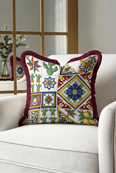 Evimde Bambaşka Akdeniz Seramik Motifli Saçaklı Yastık Kılıfı - Renkli Eklektik Bordo Bej Püsküllü Kırlent Kılıfı