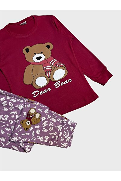 ALİŞ KİDS Girl's Cotton Burgundy Color Teddy Bear Patterned Long Sleeve Pajama Set