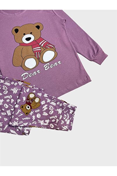 ALİŞ KİDS Girl's Cotton Lilac Color Teddy Bear Patterned Long Sleeve Pajama Set