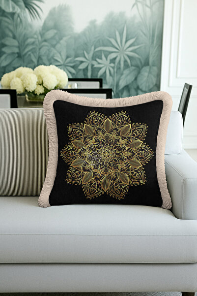 Evimde Bambaşka غطاء وسادة مزين بشراشيب بنمط الماندالا - غطاء وسادة فاخر بتصميم بوهيمي باللون الأسود والذهبي مع شراشيب