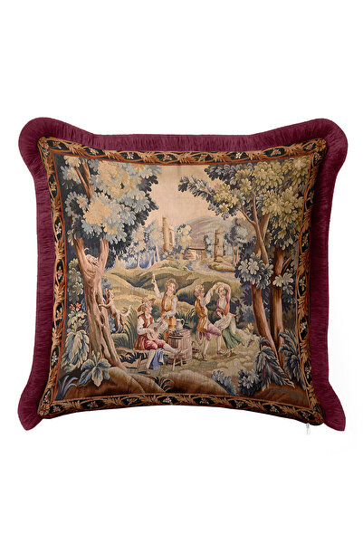 Evimde Bambaşka Baroque Vintage Magnificent Lux Fringed Pillowcase - Burgundy Avant-Garde Distressed Tasseled Cushion Cover