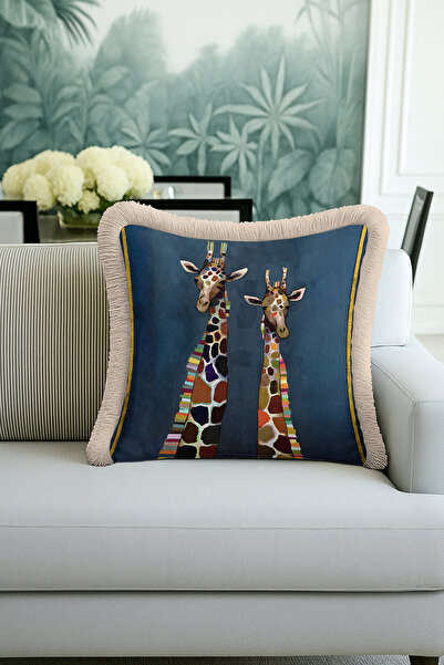 Evimde Bambaşka Lacivert Zeminde Zürafa Figürlü Saçaklı Yastık Kılıfı-Bohem L...