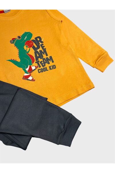ALİŞ KİDS Boys' Cotton Yellow Dinosaur Patterned Long Sleeve Pajama Set
