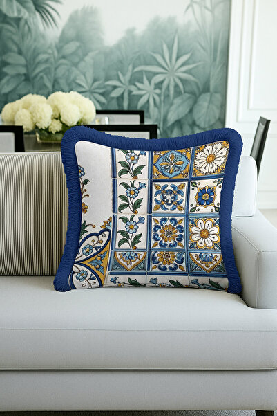 Evimde Bambaşka غطاء وسادة مزين بشراشيب بنمط بلاط الساراي - غطاء وسادة مزين ب...