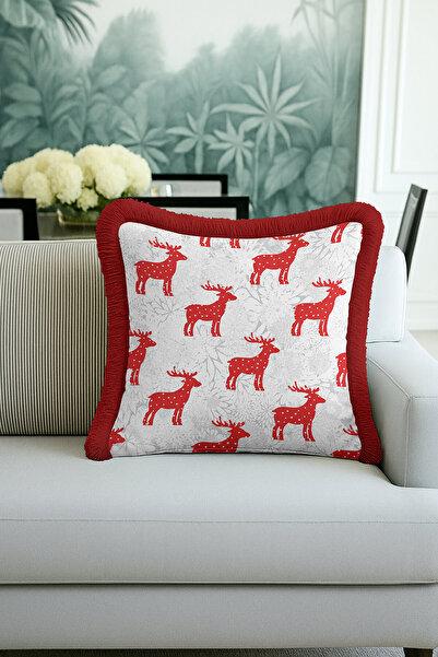 Evimde Bambaşka غطاء وسادة مزين بشراشيب بتصميم غزال الرنة الأحمر - غطاء وسادة عصري مزين بشراشيب بطابع العام الجديد