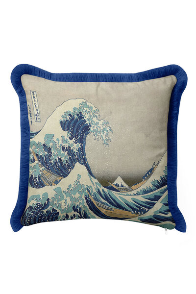 Evimde Bambaşka Husă de pernă cu franjuri Japanese Wave Art - Husă de pernă m...