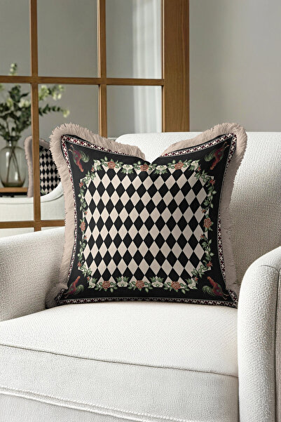 Evimde Bambaşka Πολυτελής θήκη μαξιλαριού με κρόσσια Harlequin - Καρό με μοτί...