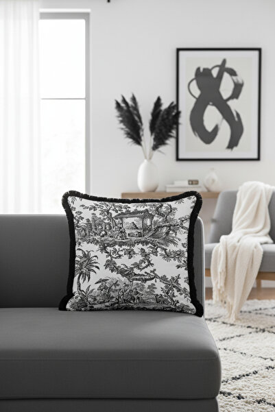 Evimde Bambaşka غطاء وسادة فاخر بتصميم باروكي فرنسي مع شراشيب - غطاء وسادة مزين بشراشيب باللونين الأسود والأبيض