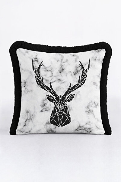 Evimde Bambaşka Husă de pernă cu franjuri cu cerb geometric - Husă de pernă c...