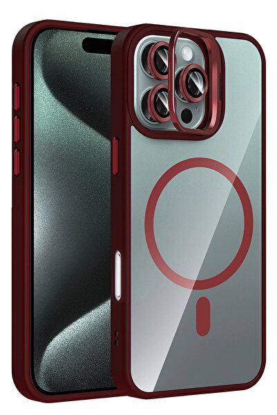 Fuchsia Apple iPhone 16 Pro Remim Lensli Magsafe Standlı Kapak - Bordo