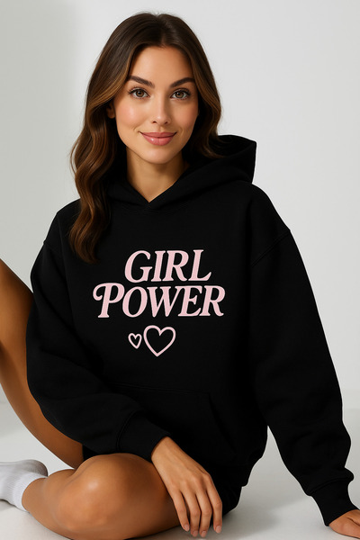 CLASSY.MODA Women's Hooded Kangaroo Pocket Oversize Sweatshirt with Front Girl Power Lettering Casual Daily Style